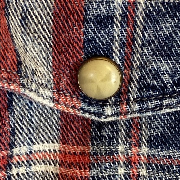 🔥 Lucky Brand Plaid Flannel Shirt Red Blue Snap Western Medium - Picture 3 of 7